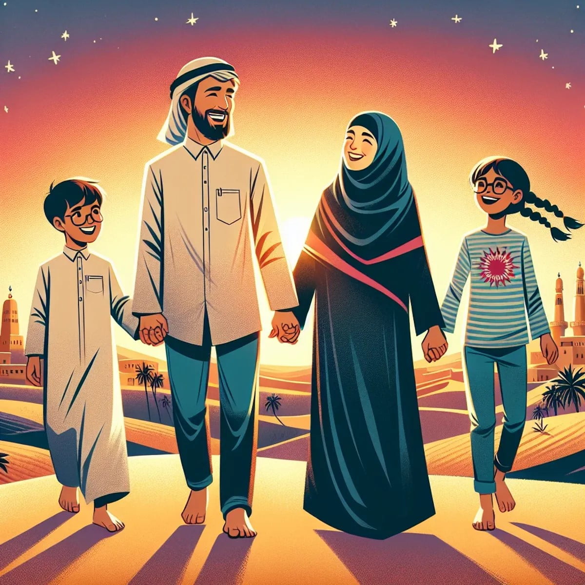 A diverse family walking hand in hand towards a sunset in the desert.